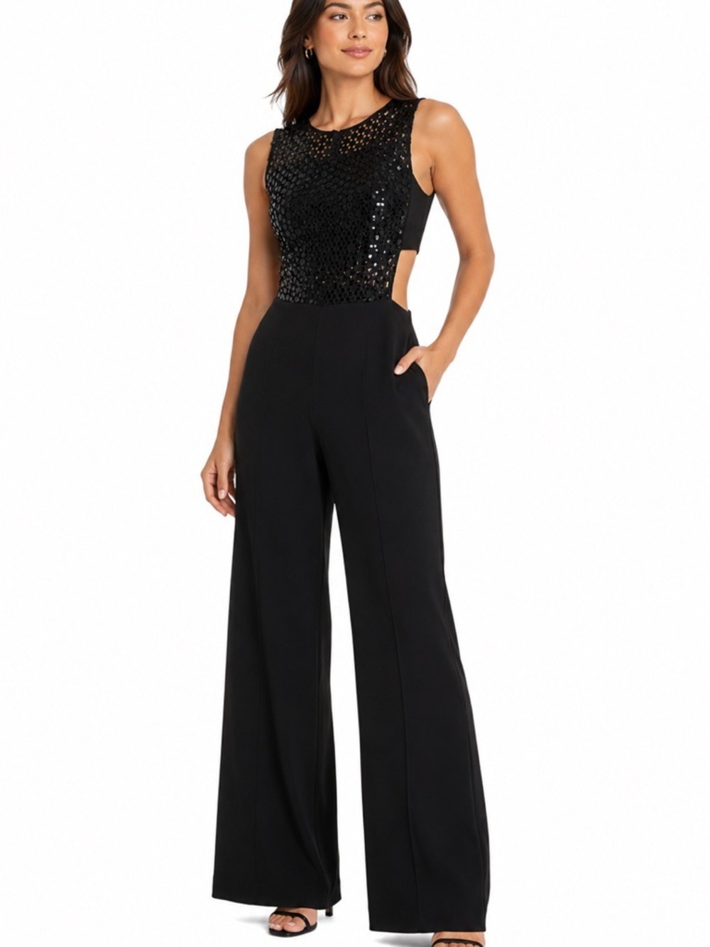 L’Atiste Women’s Black Sequin Jumpsuit Size Large Formal Side Cutouts Sleeveless